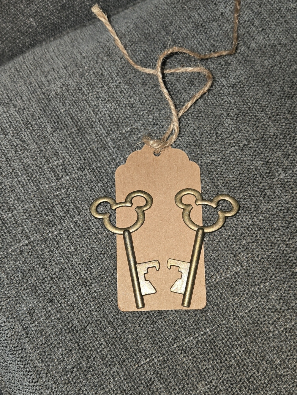 Brass Mickey Key Earrings - Brass Tone. Antique Style